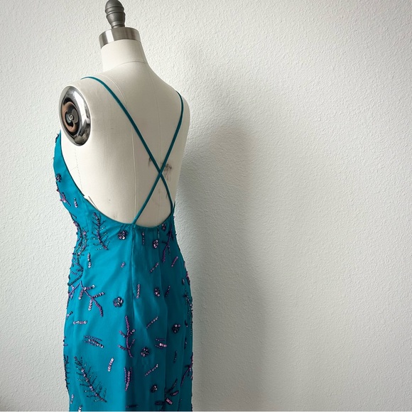 Y2K METRO SECTION 100% SILK HAND BEADED TEAL COCKTAIL DRESS - Picture 4 of 8